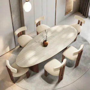 Rich Natural Wood Ovle Shape Dining Set With Marble Top